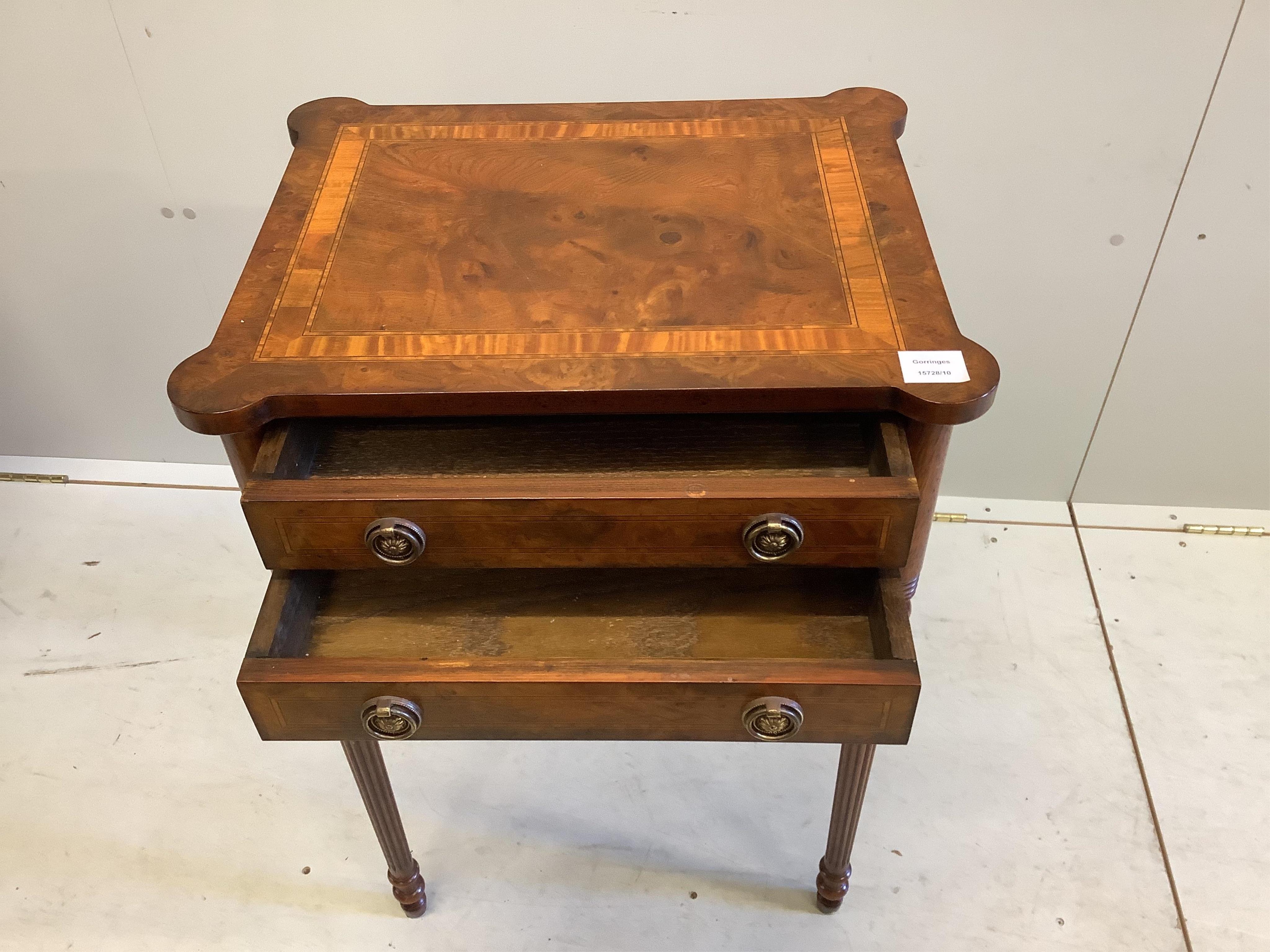 A Regency style satinwood banded burr wood occasional table, width 53cm, height 77cm. Condition - good